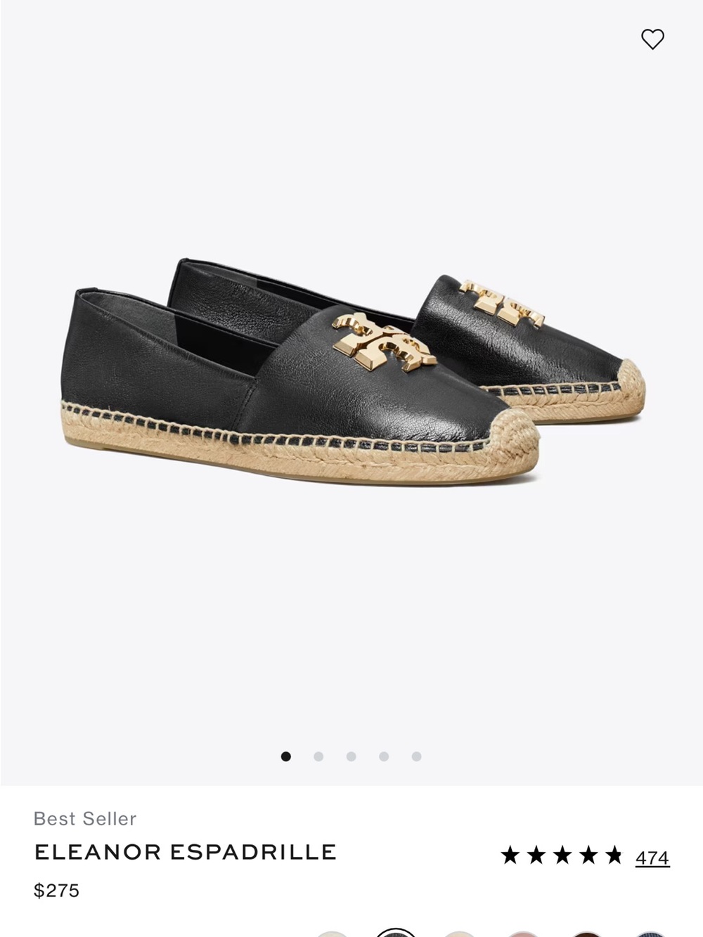 Tory Burch Black Leather Espadrille with Gold Logo